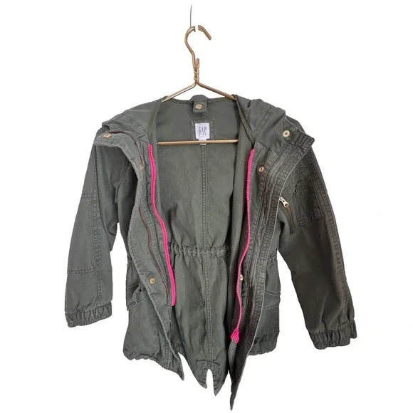Gap Kids Army Green Utility Jacket Medium Faux Fur Lined Hood Coat Removal Vest - Picture 4 of 12